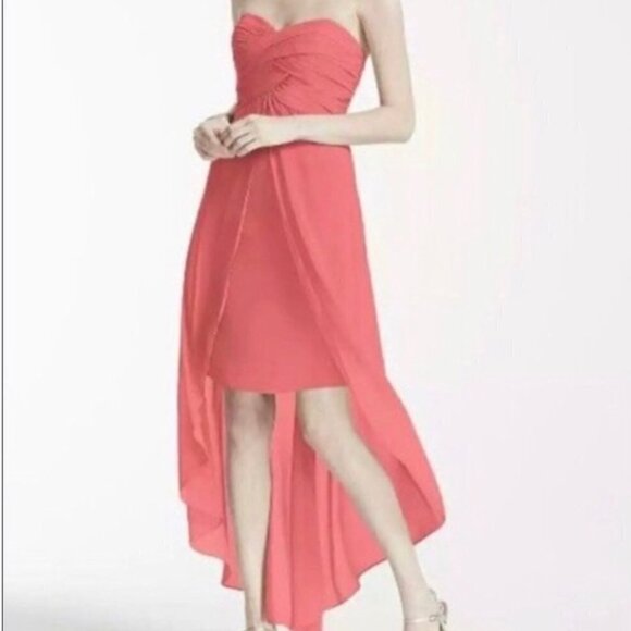 David’s Bridal Strapless High Low Dress with Front Detail Coral Reef - Picture 1 of 12